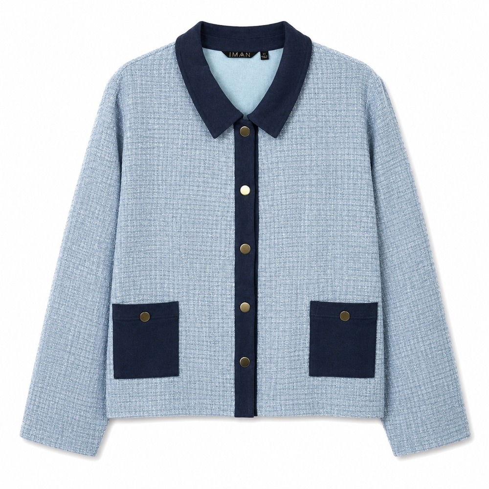IMAN Blue Tweed Contrast Trim Cropped Jacket 3X Chic Blazer